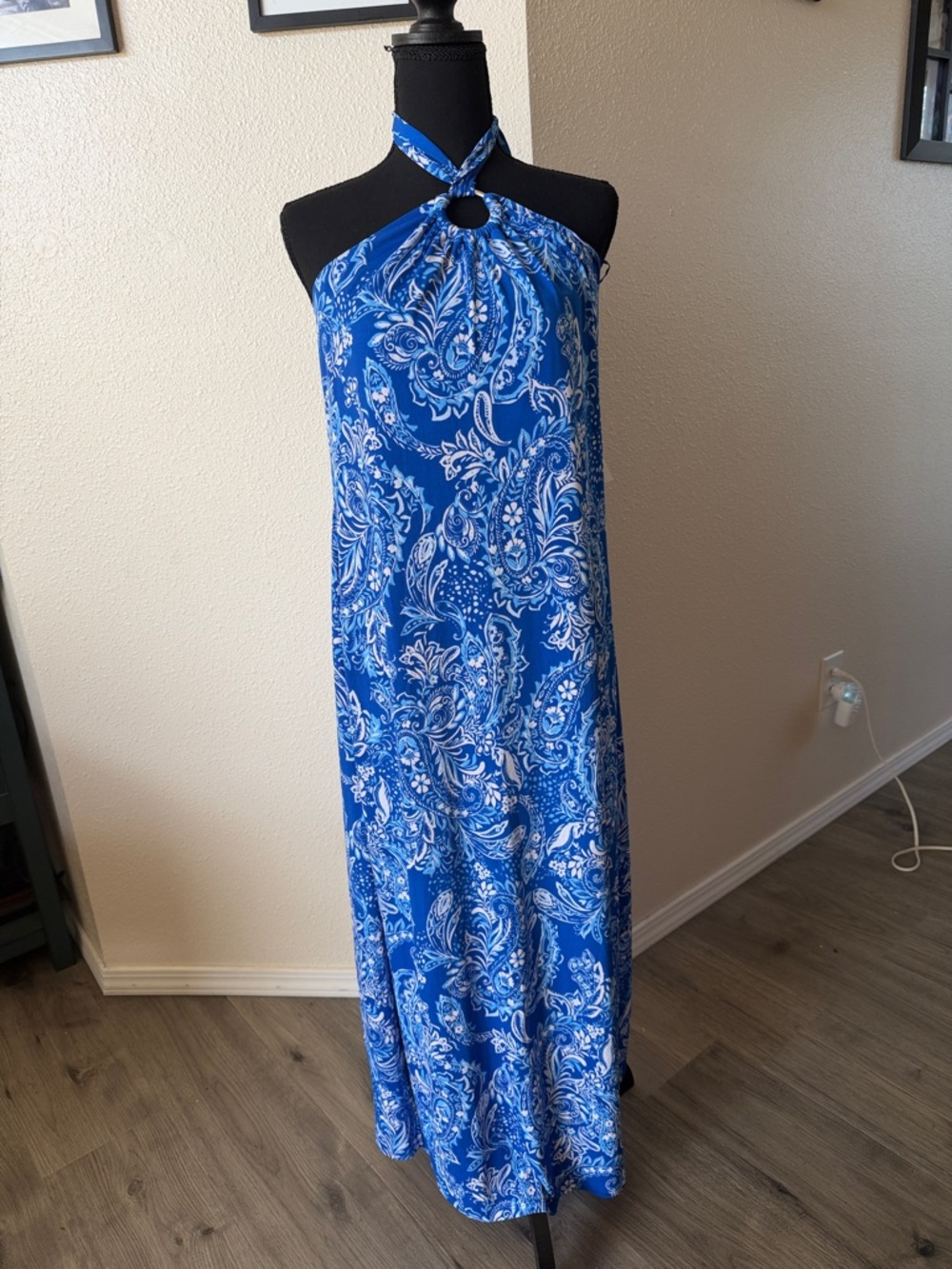 MSK Royal Blue Paisley Halter Ring-Neck Maxi Dress